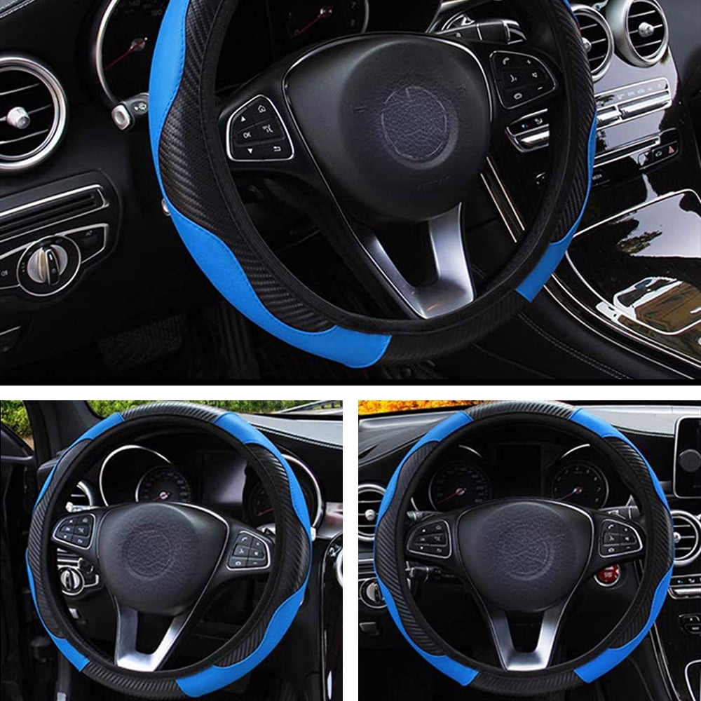 EIMELI Fiber Leather Car Steering Wheel Cover For Round and D Type, Universal 14.5-15.5 in Breathable Anti Slip Auto Steering Wheel Covers for Car Truck SUV, Black Blue