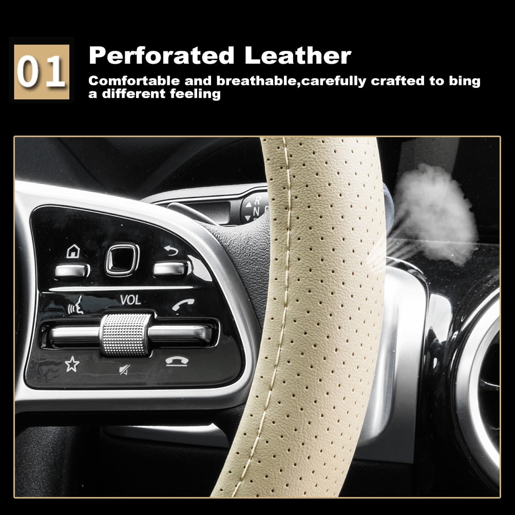 XUKEY Beige Wood Grain Car Steering Wheel Cover Leather 14.5" to 15" Breathable Anti-Slip Universal