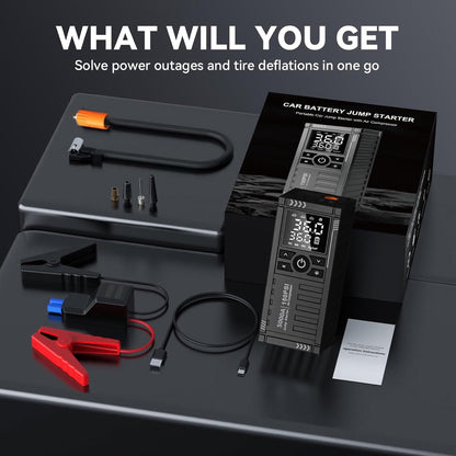 TRAKAR Car Battery Charger Jump Starter with Air Compressor, 5000A 150PSI (9.0 Gas/8.0L Diesel), 14.8V Jump Box Car Battery Jumper Starter Portable with Jumper Cables, LCD Display, Lights