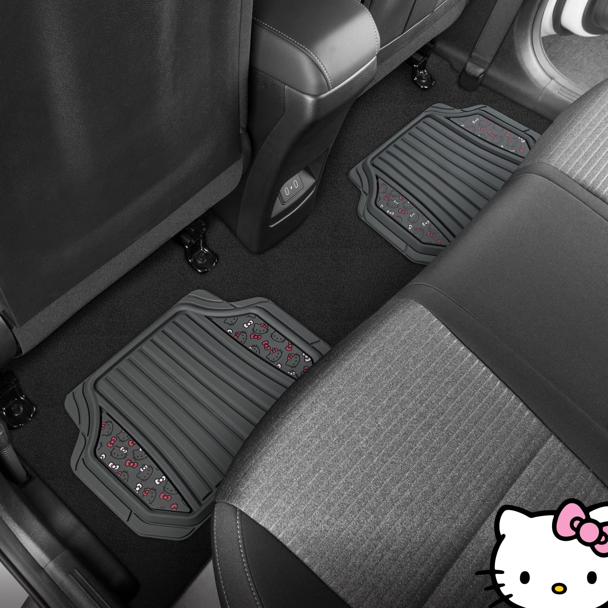 Hello Kitty 4pc Car Mats for Cars, Trucks, SUVs - Kawaii Rubber Floor Mats for Women & Men, Heavy Duty Non-Slip Front & Rear Mats, Cute Hello Kitty Accessories, Classic Gray with Pink Bows