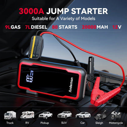 Audew (Andeman) Car Jump Starter, 3000A Peak 20000mAh Battery Jump Starter, Start Any 9L Gas Engine or up to 7L Diesel Engine, 12V Car Jumper, Battery Booster Power Pack, Type-C Quick Charge, Red