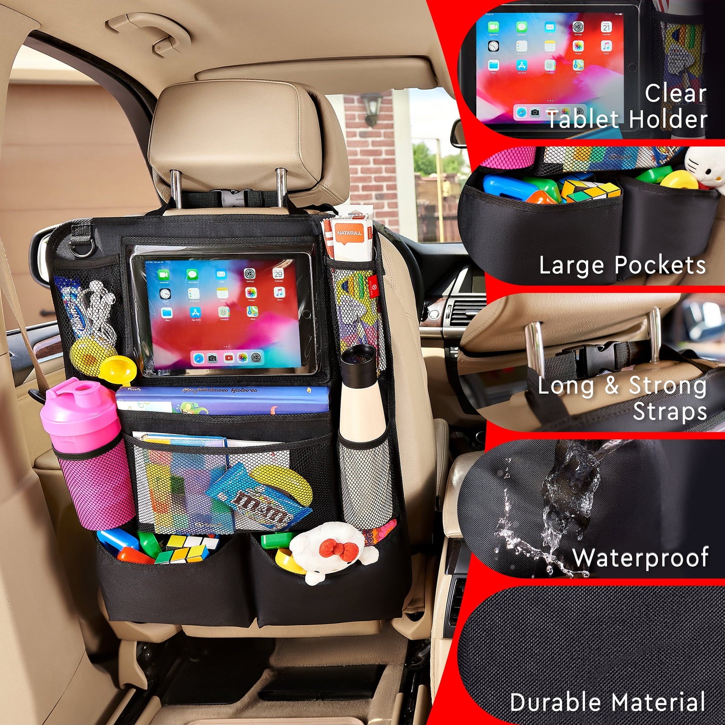 Helteko Backseat Car Organizer with 9 Storage Pockets, 600D Polyester, 25 in x 19 in, 2 pack, Black