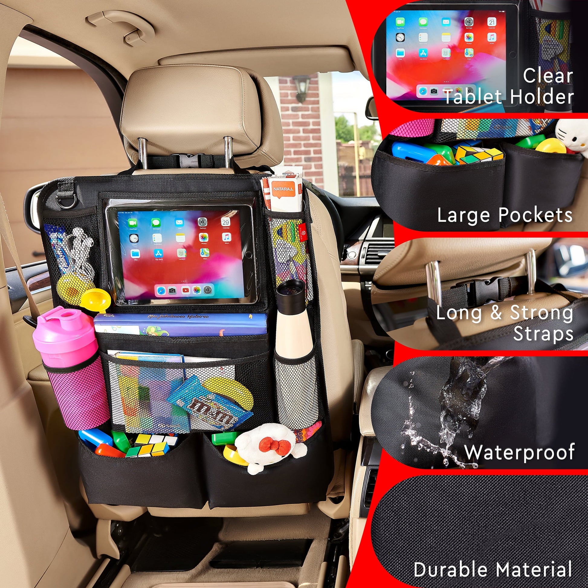 Helteko Backseat Car Organizer with 9 Storage Pockets, 600D Polyester, 25 in x 19 in, 2 pack, Black