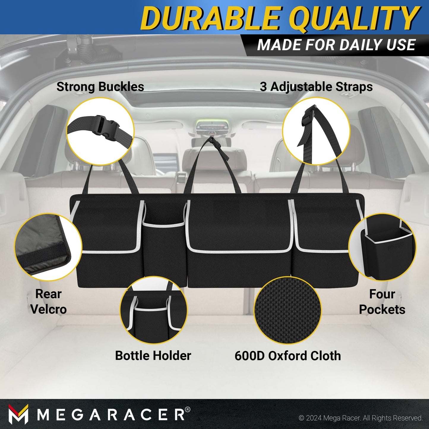 Mega Racer Black Backseat Trunk Organizer for SUV, Hatchbacks, Trucks, Minivans, Wagons - 1 Piece