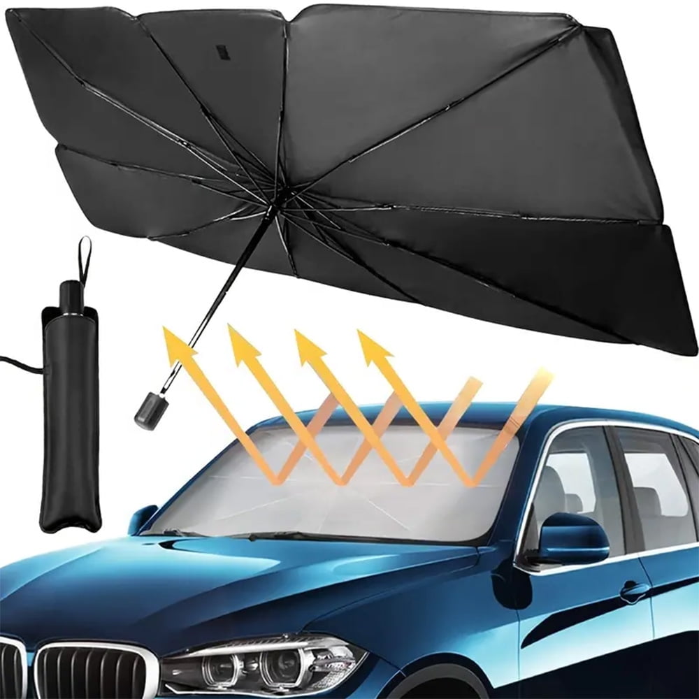 BYXAS 2 Pack 2025 Upgraded Car Windshield Sun Shade [Cool Down by 75°] with Heat Insulation Coating, Foldable Sunshade Umbrella Flexible Handle & Ribs, (55"x31") for Most Car, SUV, Truck, Van
