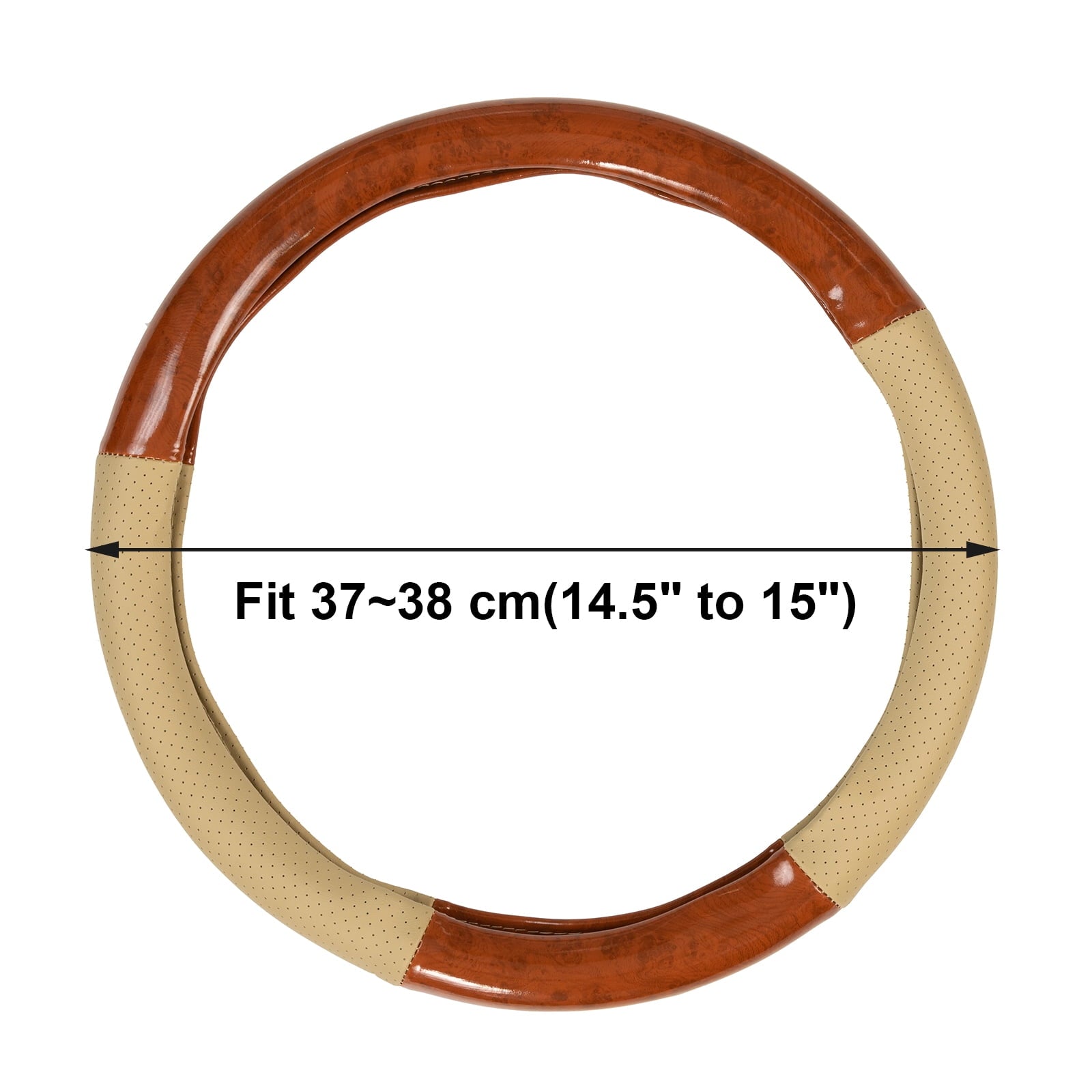 XUKEY Beige Wood Grain Car Steering Wheel Cover Leather 14.5" to 15" Breathable Anti-Slip Universal