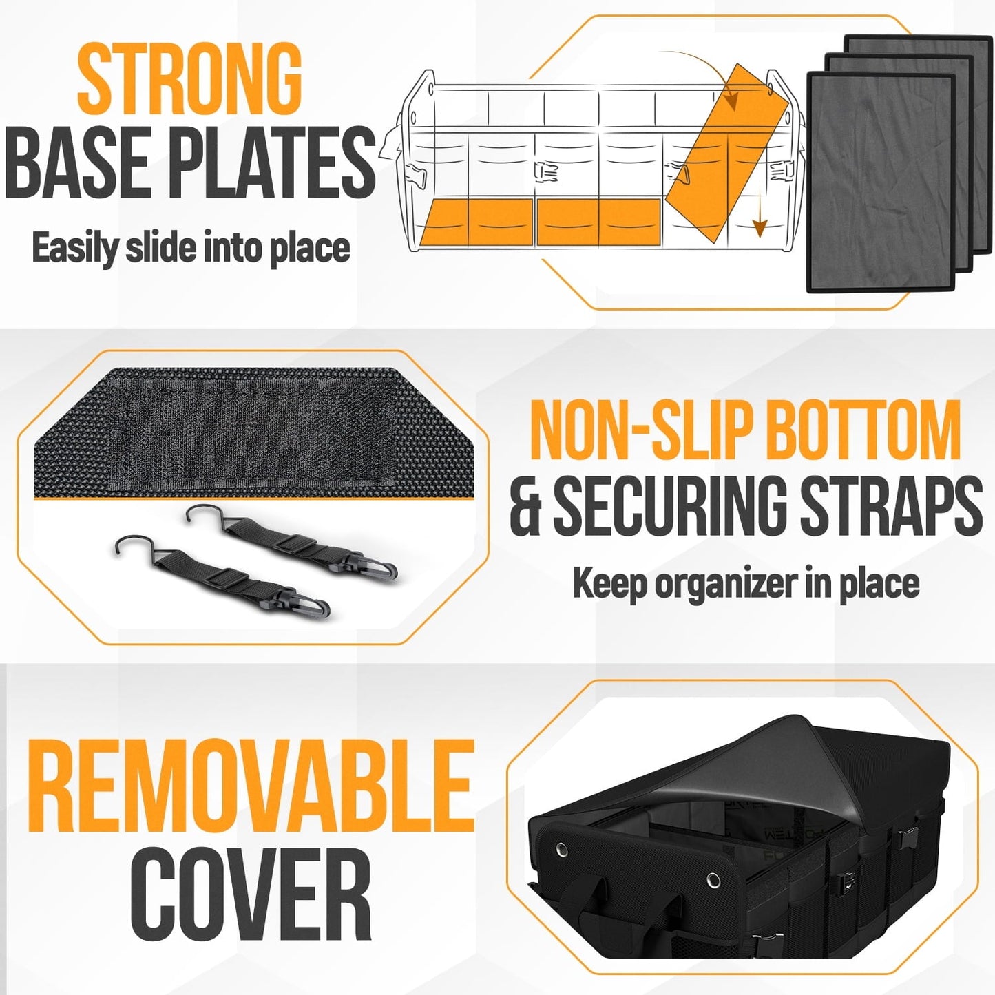 FORTEM SUV Trunk Organizer, Car Organizer, Collapsible Multi-Compartment Storage Bag for Car Accessories for Women Men, 1680D Oxford, Non Slip Bottom, Adjustable Straps, Soft Cover (90L)