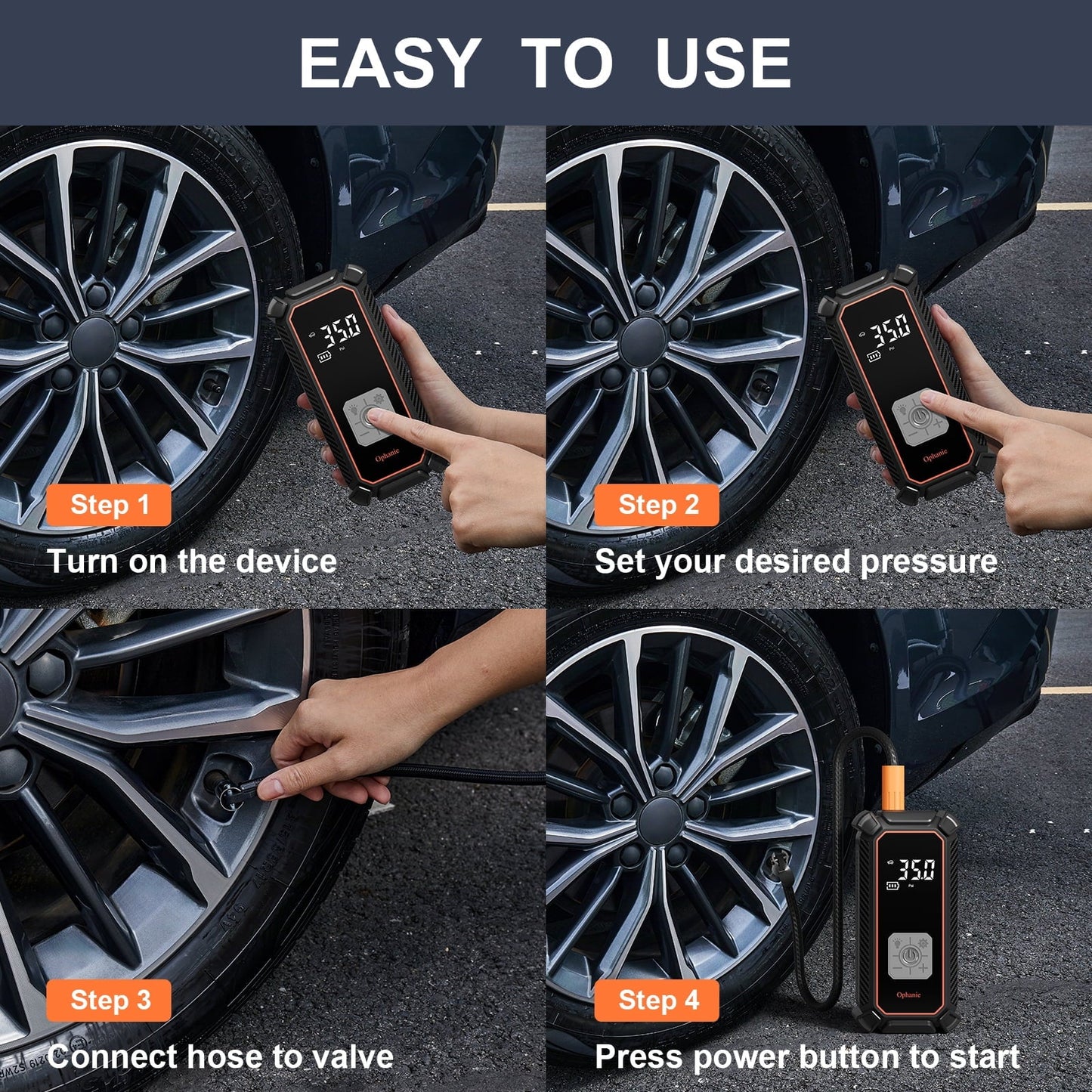 Ophanie Tire Inflator Portable Air Compressor, 9000mAh Battery Powered, 150PSI Dual Mode, Auto Air Pump for Car Tires, Motorcycle, Bicycle, Electric Pump with LED Light & Digital Pressure Gauge