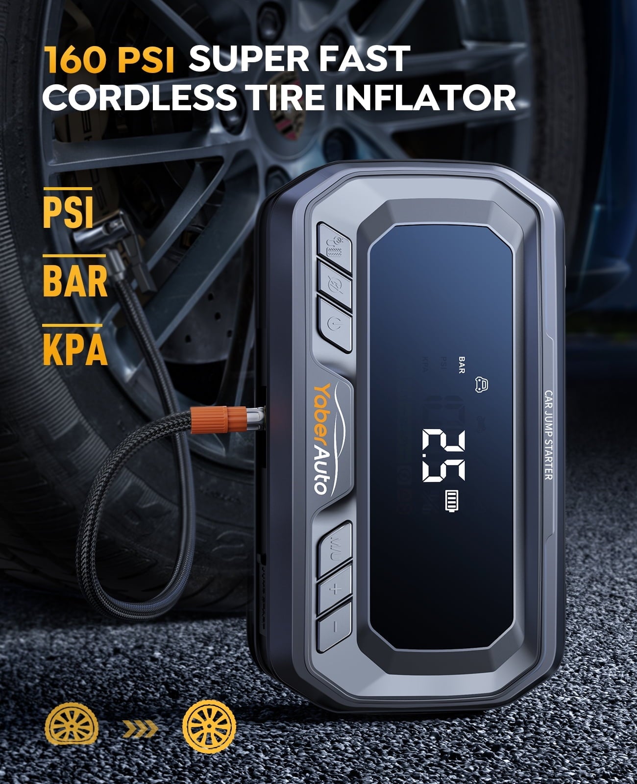 Car Jump Starter with Air Compressor 6000A 160PSI(All Gas/12.0L Diesel)Portable Jump Starter with Tire Inflator PD 65W,12V DC PSU Jump Box Extended Jumper Cables Large LCD Display 600Lumen Light