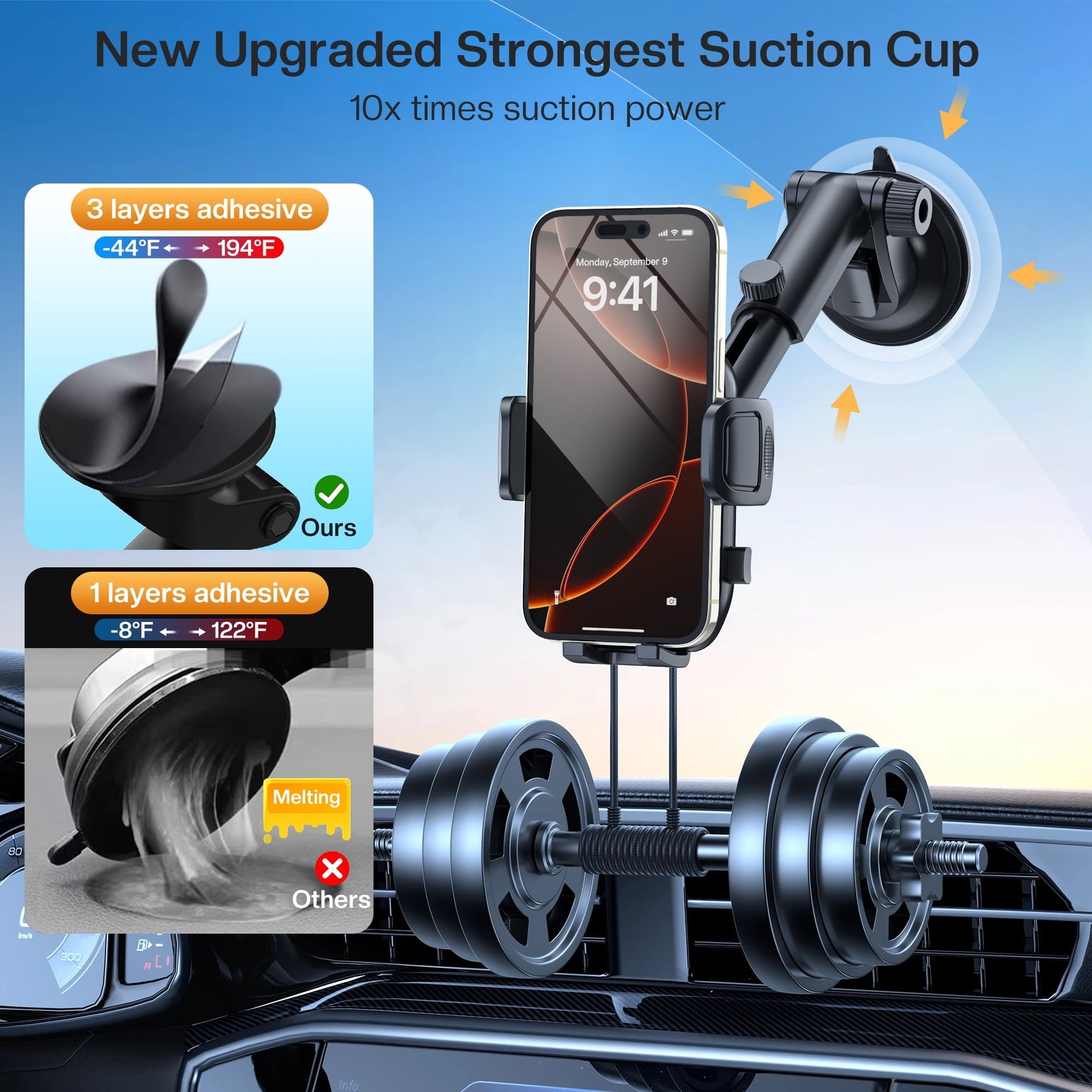 MaxAngel 3-in-1 Car Phone Holder with Military-Grade Suction Cup, Metal Hook Ventilation Clip, 360° Rotating Phone Holder for iPhone, Samsung & Android Smartphones,Black