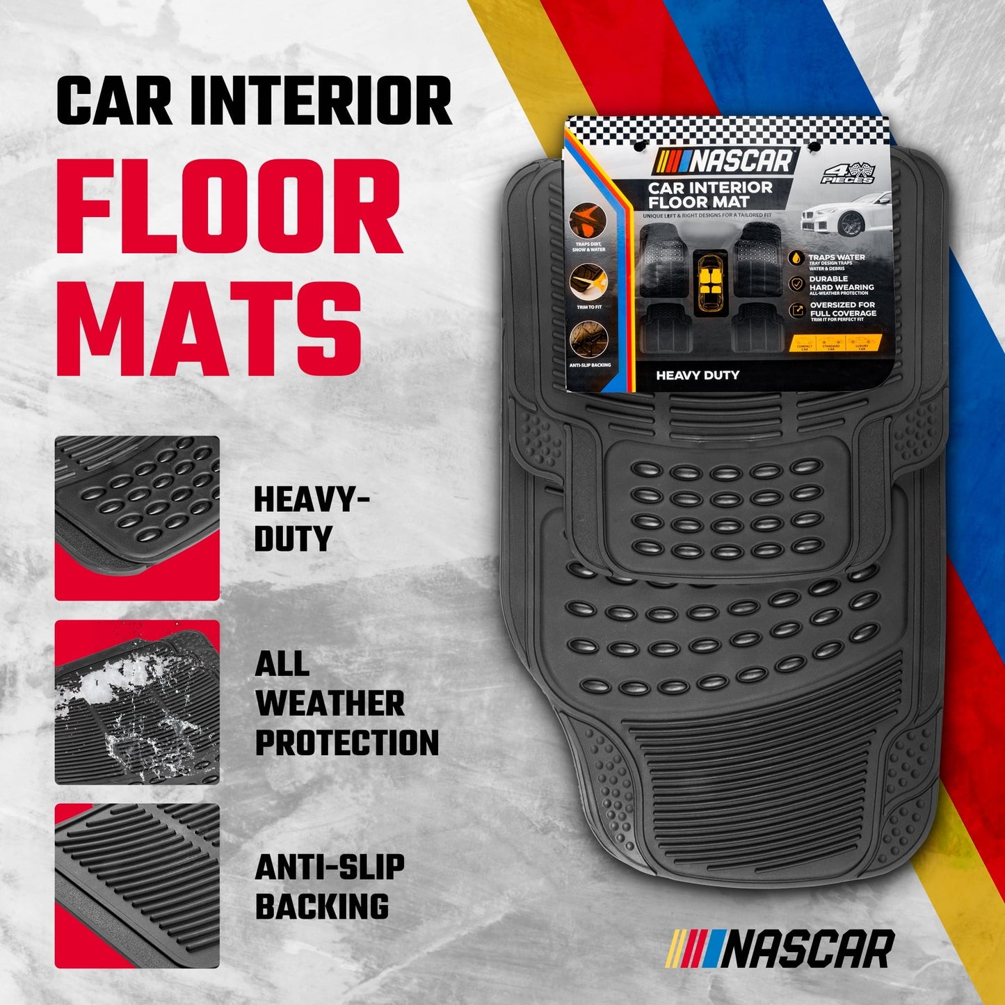 NASCAR Premium Car Floor Mats, 4-Piece Set | Heavy Duty All-Weather Rubber | Universal Trim-to-Fit for Cars, Trucks & SUVs | Traps Dirt, Snow & Water