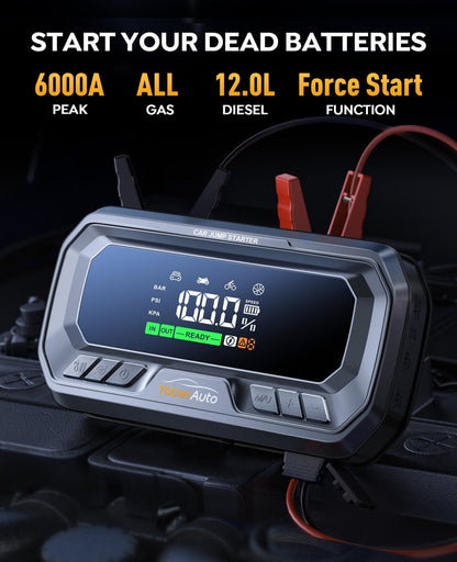 Car Jump Starter with Air Compressor 6000A 160PSI(All Gas/12.0L Diesel)Portable Jump Starter with Tire Inflator PD 65W,12V DC PSU Jump Box Extended Jumper Cables Large LCD Display 600Lumen Light