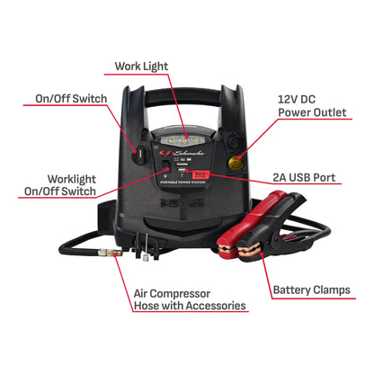 Schumacher Electric SJ1583 4-in-1 Portable Power Station and 800 Amp Jump Starter, 150-PSI Air Compressor, 12V Sport, Auto, and Marine Batteries