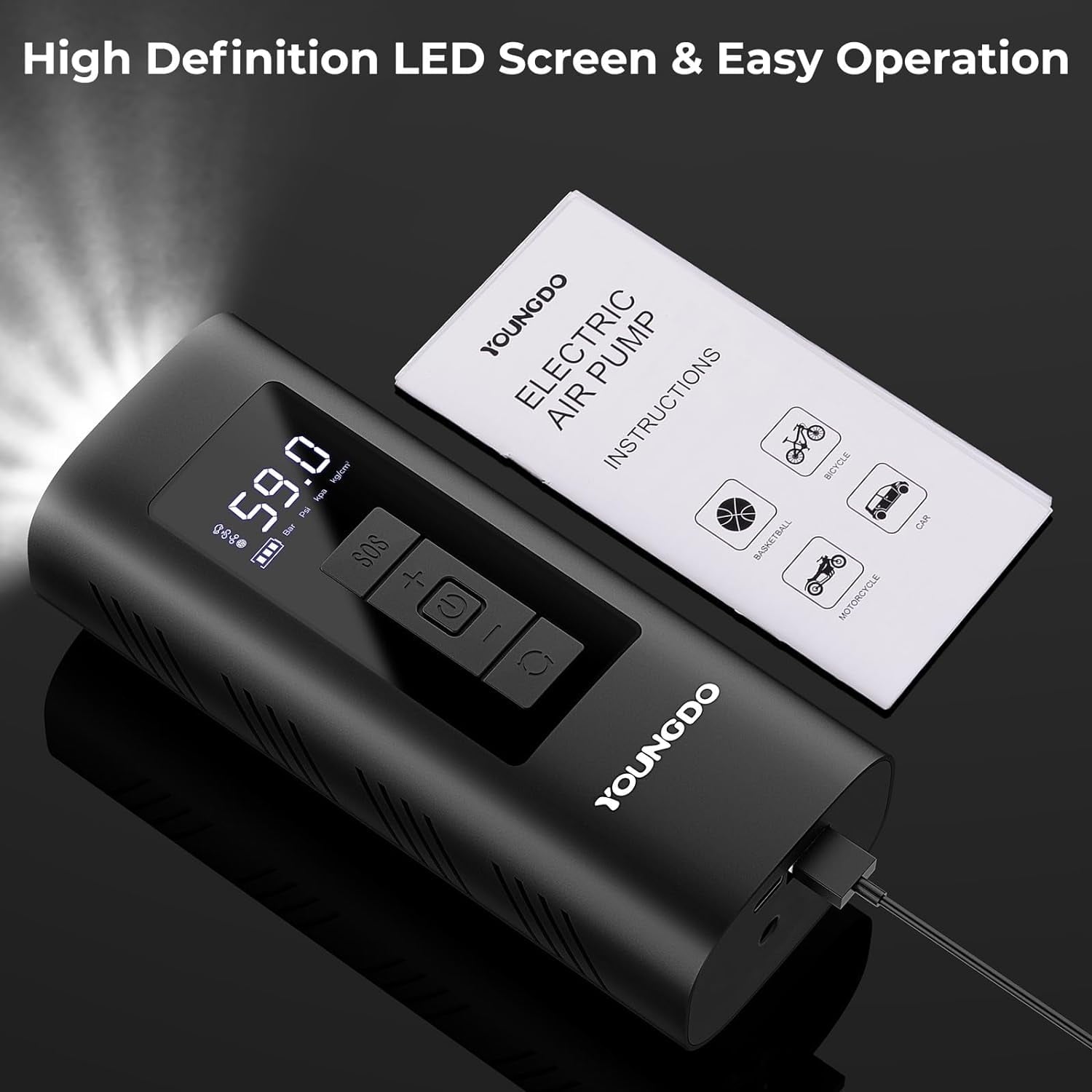 YOUNDO Tire Inflator Portable, Air Compressor Rechargeable 6000mAh Tire Pump for Car Moto Bike Balls