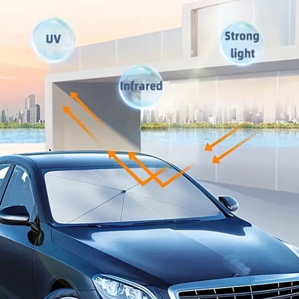 BYXAS 2 Pack 2025 Upgraded Car Windshield Sun Shade [Cool Down by 75°] with Heat Insulation Coating, Foldable Sunshade Umbrella Flexible Handle & Ribs, (55"x31") for Most Car, SUV, Truck, Van