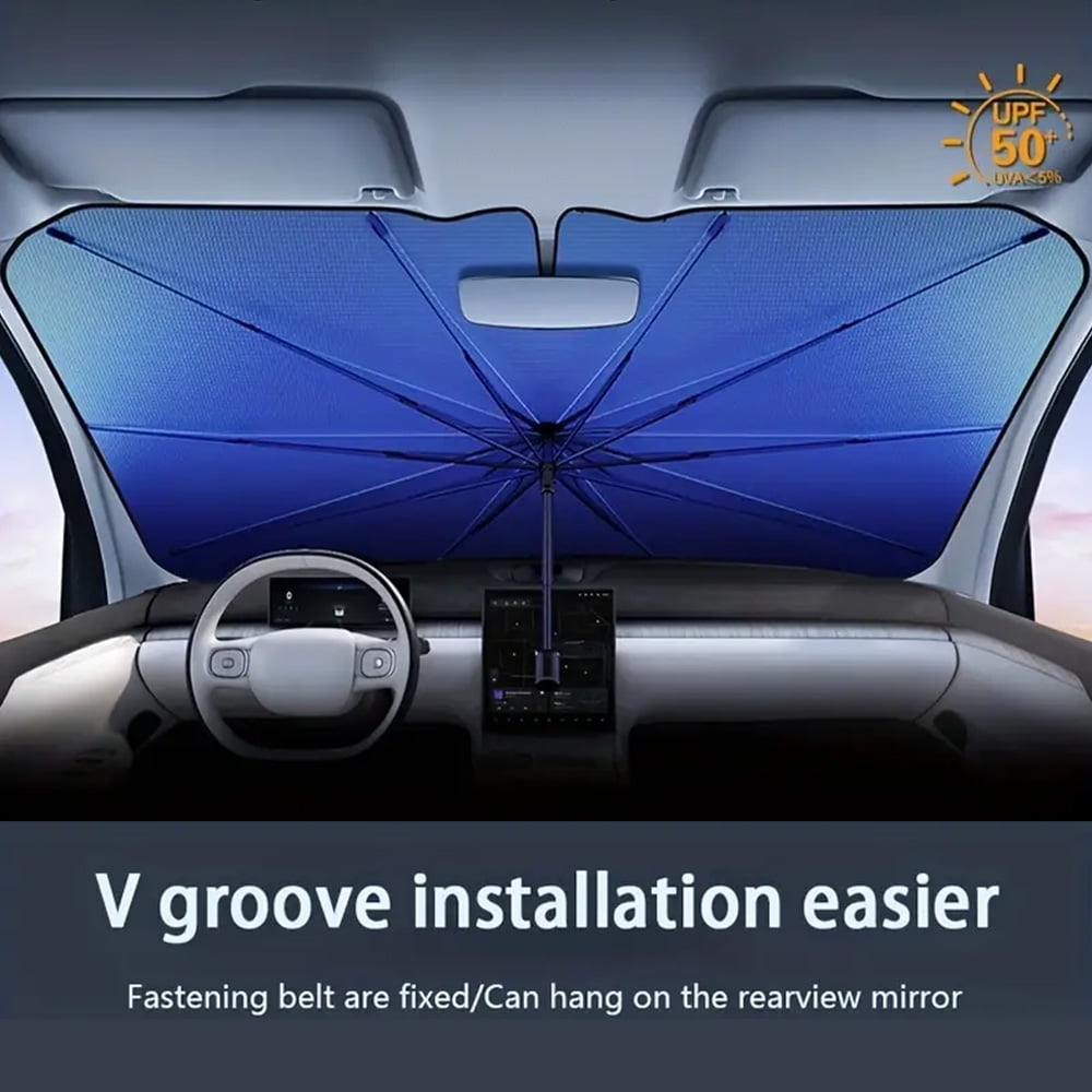 BYXAS 2 Pack 2025 Upgraded Car Windshield Sun Shade [Cool Down by 75°] with Heat Insulation Coating, Foldable Sunshade Umbrella Flexible Handle & Ribs, (55"x31") for Most Car, SUV, Truck, Van