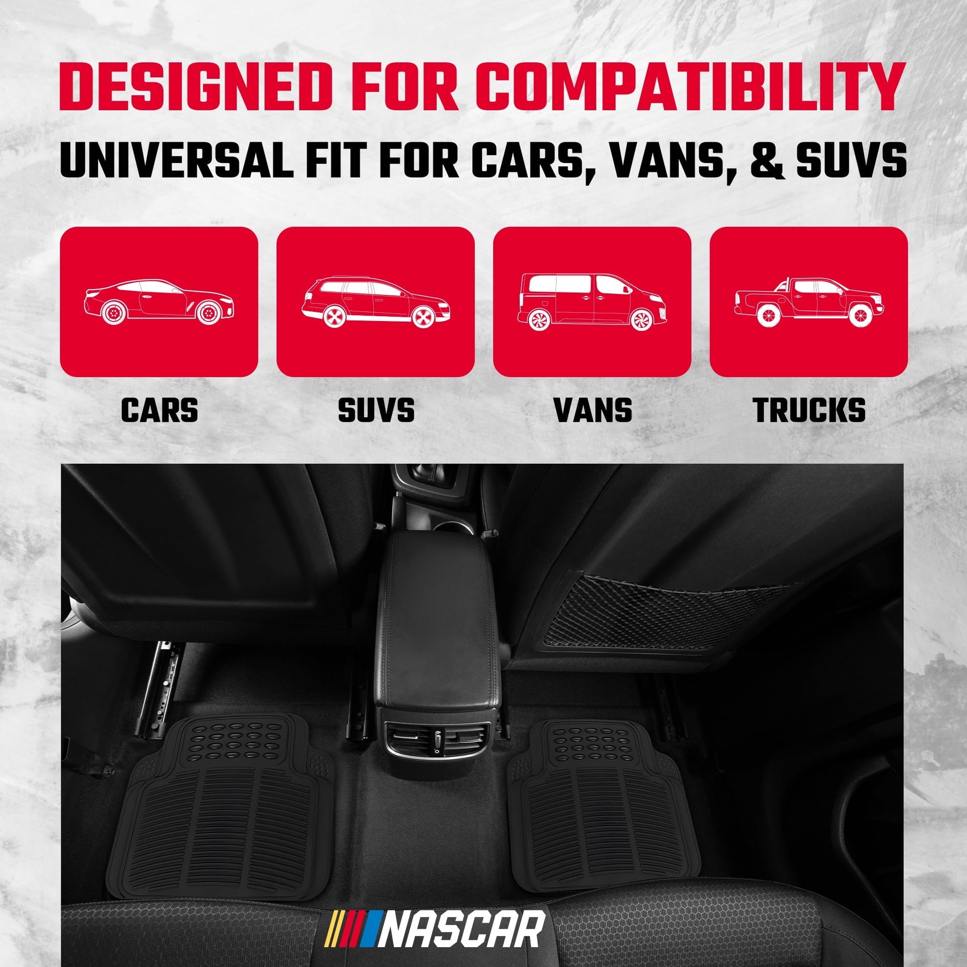 NASCAR Premium Car Floor Mats, 4-Piece Set | Heavy Duty All-Weather Rubber | Universal Trim-to-Fit for Cars, Trucks & SUVs | Traps Dirt, Snow & Water
