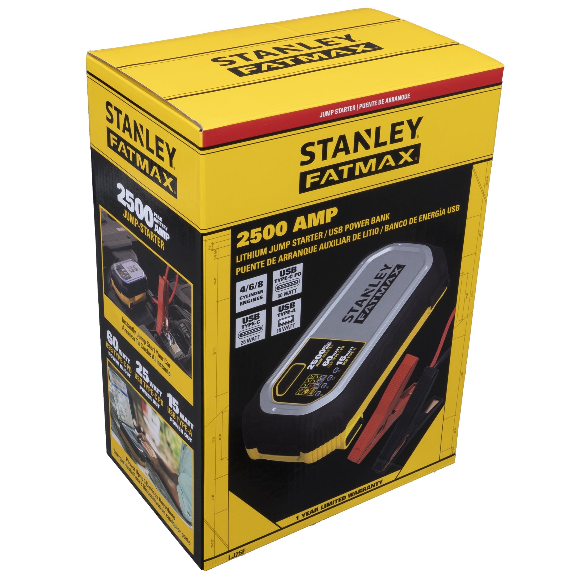 Stanley FatMax 2500A, Lithium Jump Starter With 60W USB Type C-PD, 25W USB Type C-PD and 15W USB Type - A, Includes clamps