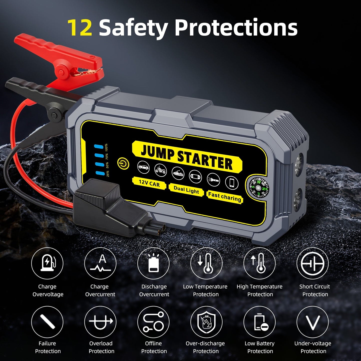 KAIPARA 4000A Car Jump Starter, 37000mWH Portable Power Bank for 12V Gas/Diesel Engines, with LED Light, Compass & Quick-Charge