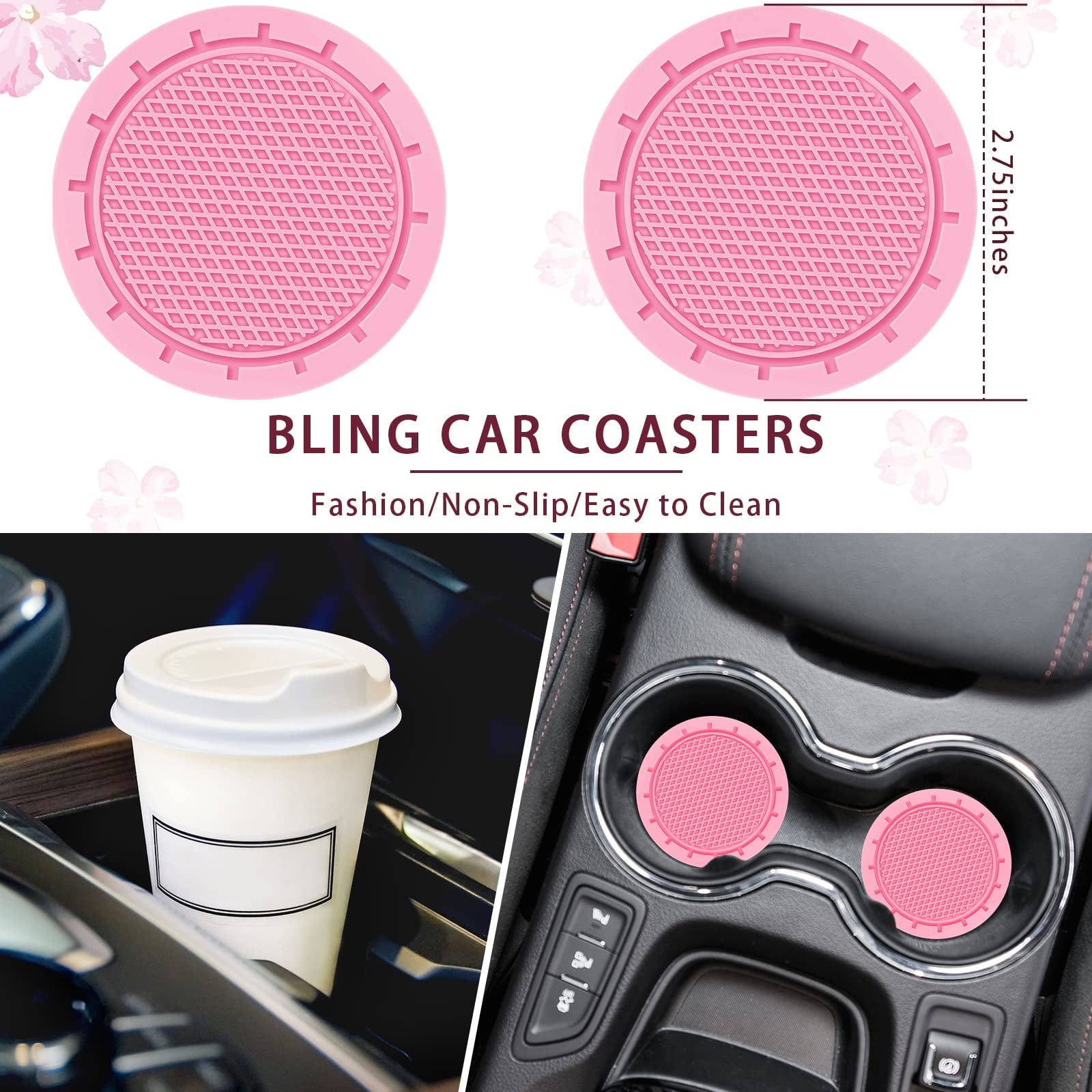 10 PCS Car Accessories Leather Steering Wheel Cover Set, Car Steering Wheel Cover for Women with Seat Belt Pads Cup Holders Start Button, Pink