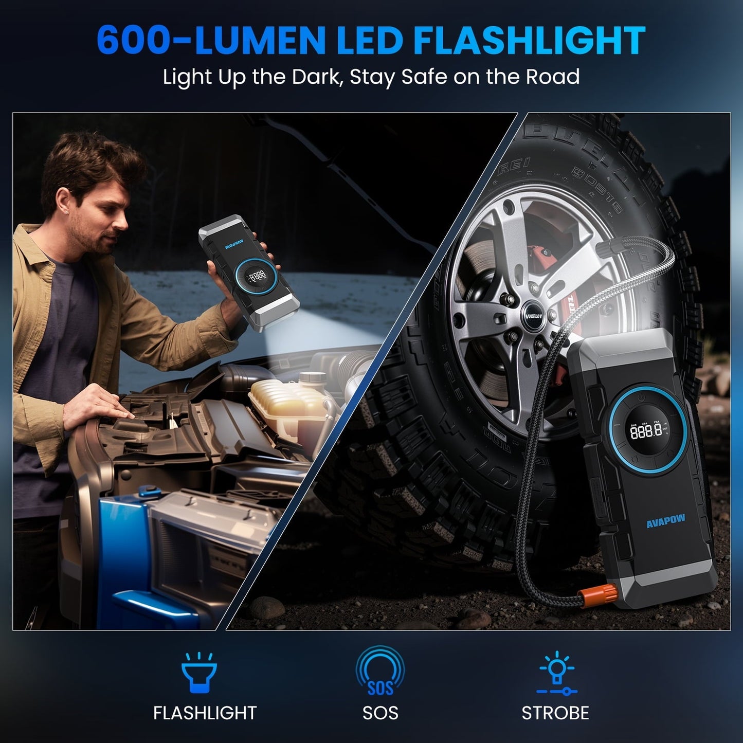 AVAPOW 3000A Jump Starter with Air Compressor, 12V Portable Battery Booster Pack (for All Gas or up to 8.0L Diesel) with 150PSI Digital Tire Inflator