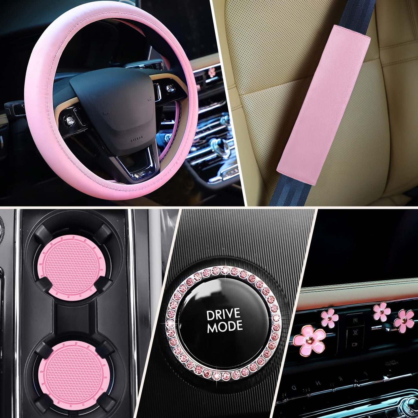 10 PCS Car Accessories Leather Steering Wheel Cover Set, Car Steering Wheel Cover for Women with Seat Belt Pads Cup Holders Start Button, Pink