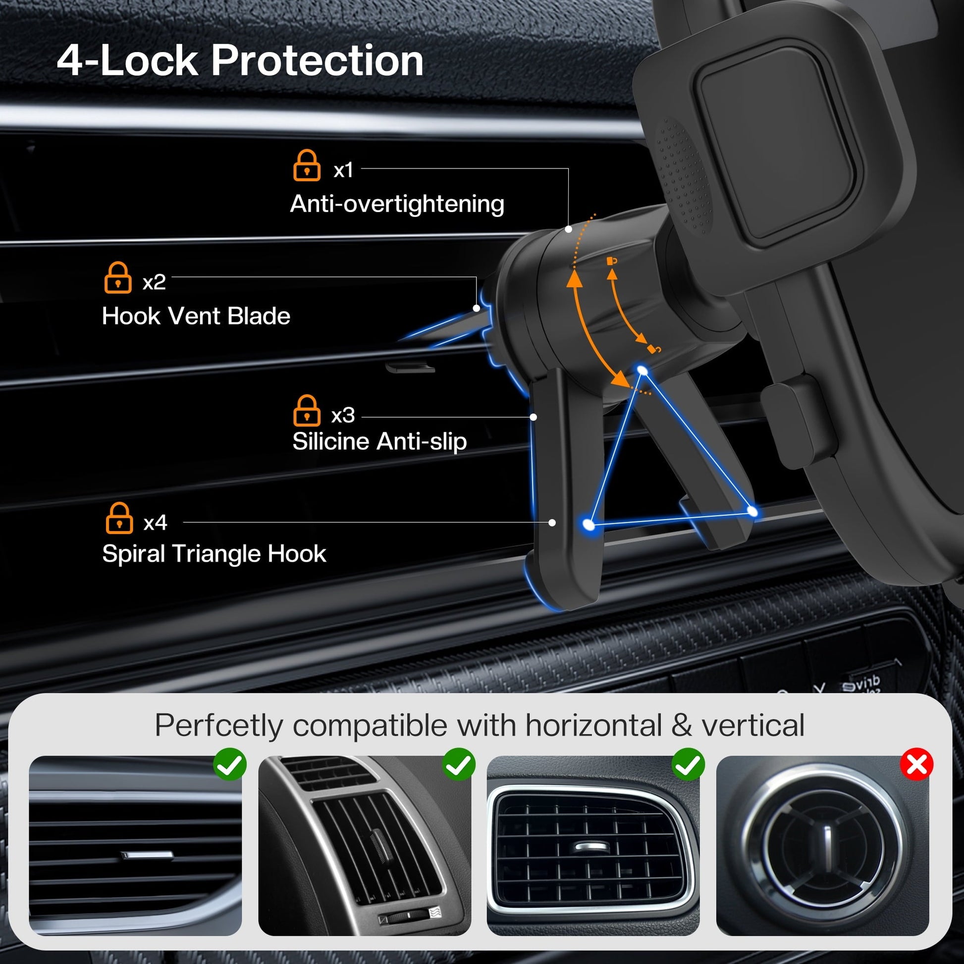 MaxAngel 3-in-1 Car Phone Holder with Military-Grade Suction Cup, Metal Hook Ventilation Clip, 360° Rotating Phone Holder for iPhone, Samsung & Android Smartphones,Black