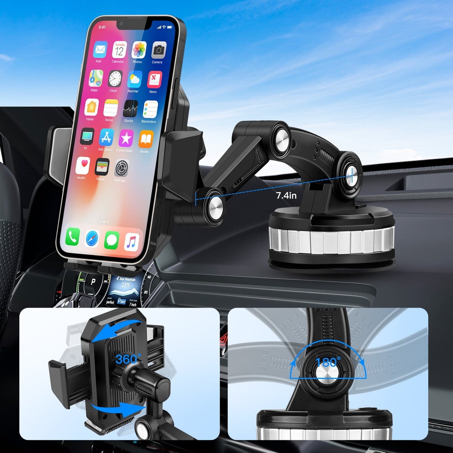 Zacro 3 in 1 Car Phone Holder Mount, Dashboard / Windshield / Air Vent Phone Holder, 360° Rotatable Suction Cup Cell Phone Holder for iPhone Smartphones