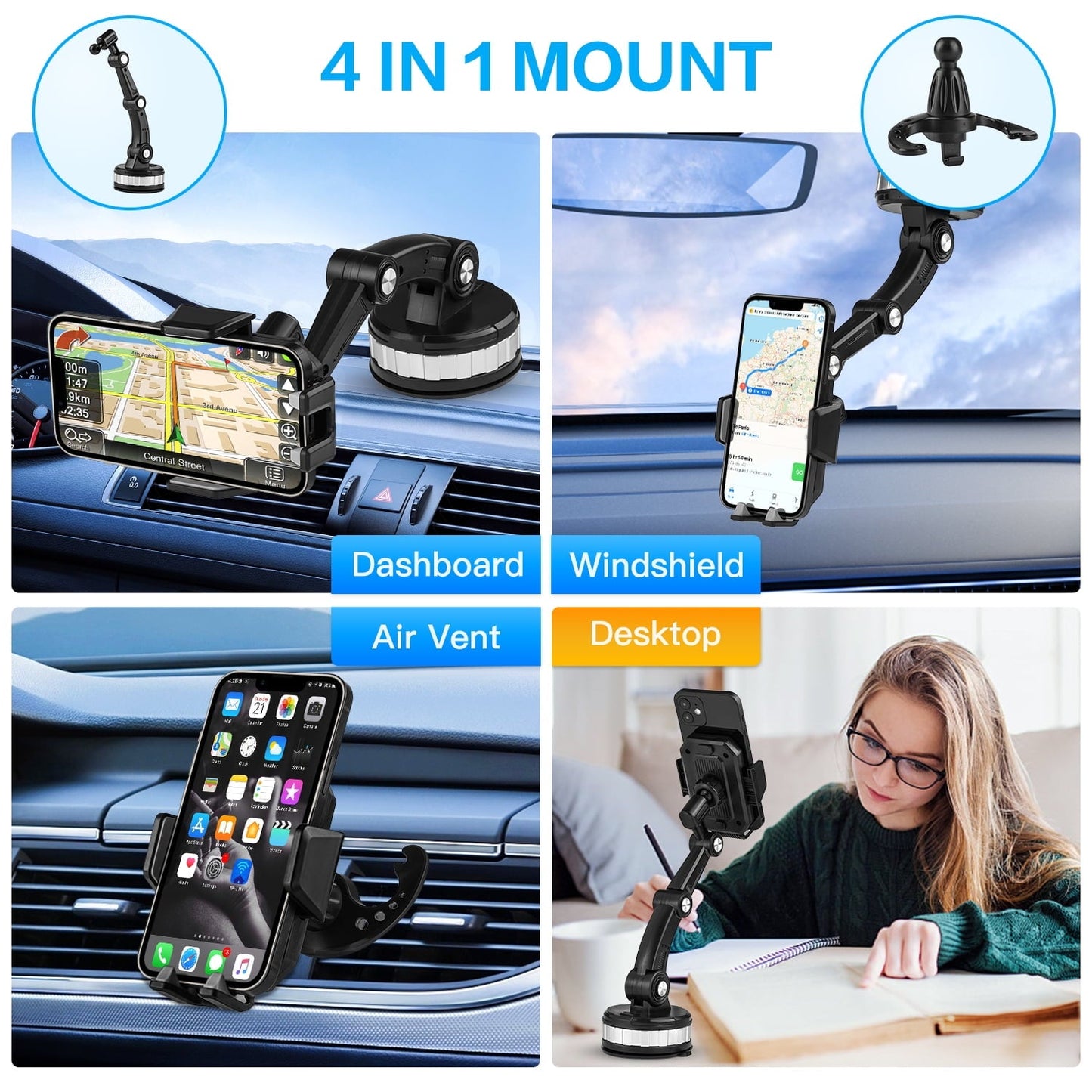 Zacro 3 in 1 Car Phone Holder Mount, Dashboard / Windshield / Air Vent Phone Holder, 360° Rotatable Suction Cup Cell Phone Holder for iPhone Smartphones