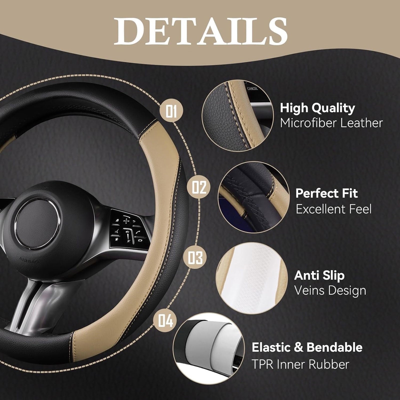 CAR GRAND Faux Leather Car Steering Wheel Cover Combo Pack Car Floor Mats, Universal Fit Waterproof Anti-slip Carpet 14.5-15 Inches Beige & Black