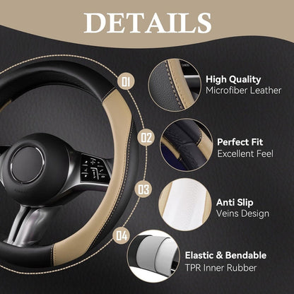 CAR GRAND Faux Leather Car Steering Wheel Cover Combo Pack Car Floor Mats, Universal Fit Waterproof Anti-slip Carpet 14.5-15 Inches Beige & Black