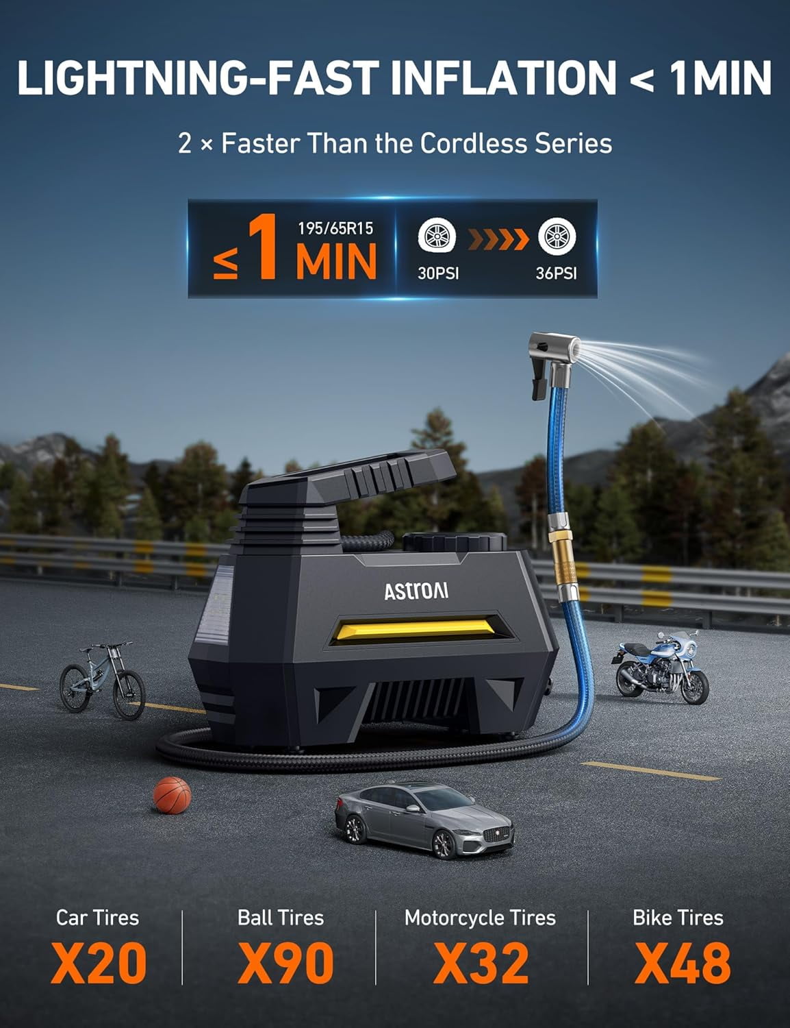 AstroAI Tire Inflator Portable Air Compressor, Air Pump for Car Tires, Car Accessories, 9.8Ft Cord, 12V DC Powered Auto Pump with Digital Pressure Gauge, Emergency LED Light