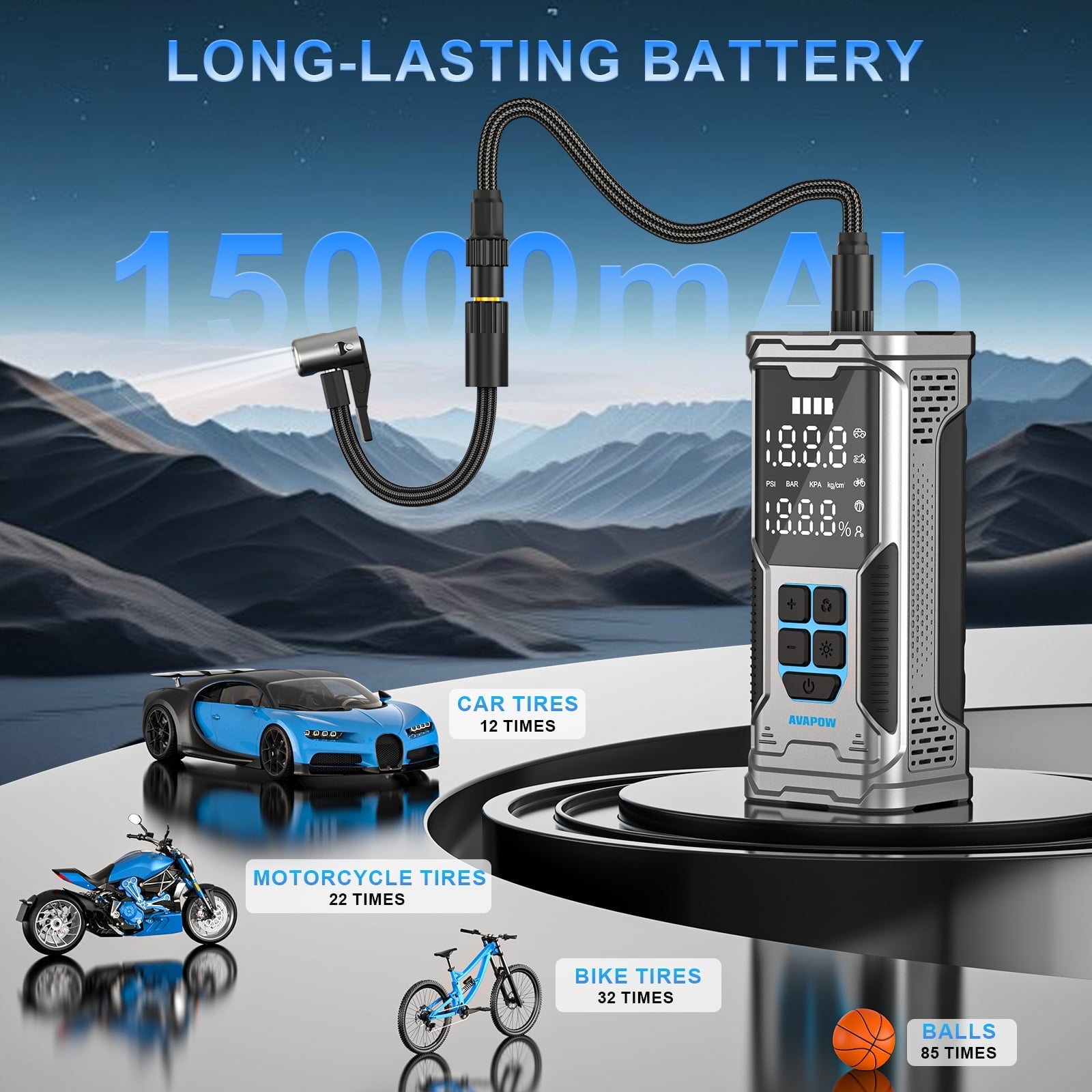 AVAPOW Cordless Tire Inflator, 180PSI Portable Air Compressor, Air Pump for Car Tires with Digital Pressure Gauge, LED Light, Auto Shutoff