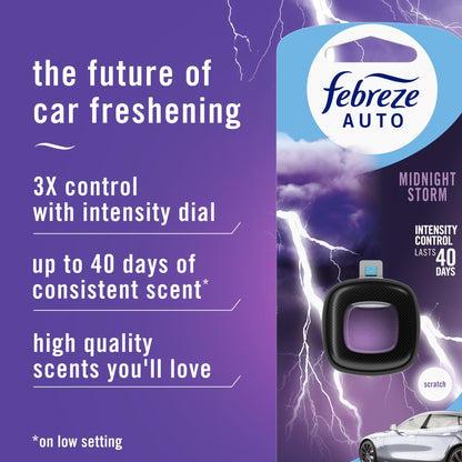 Febreze AUTO Car Air Freshener, Odor-Fighting Car Vent Clip, Midnight Storm, 2 Count