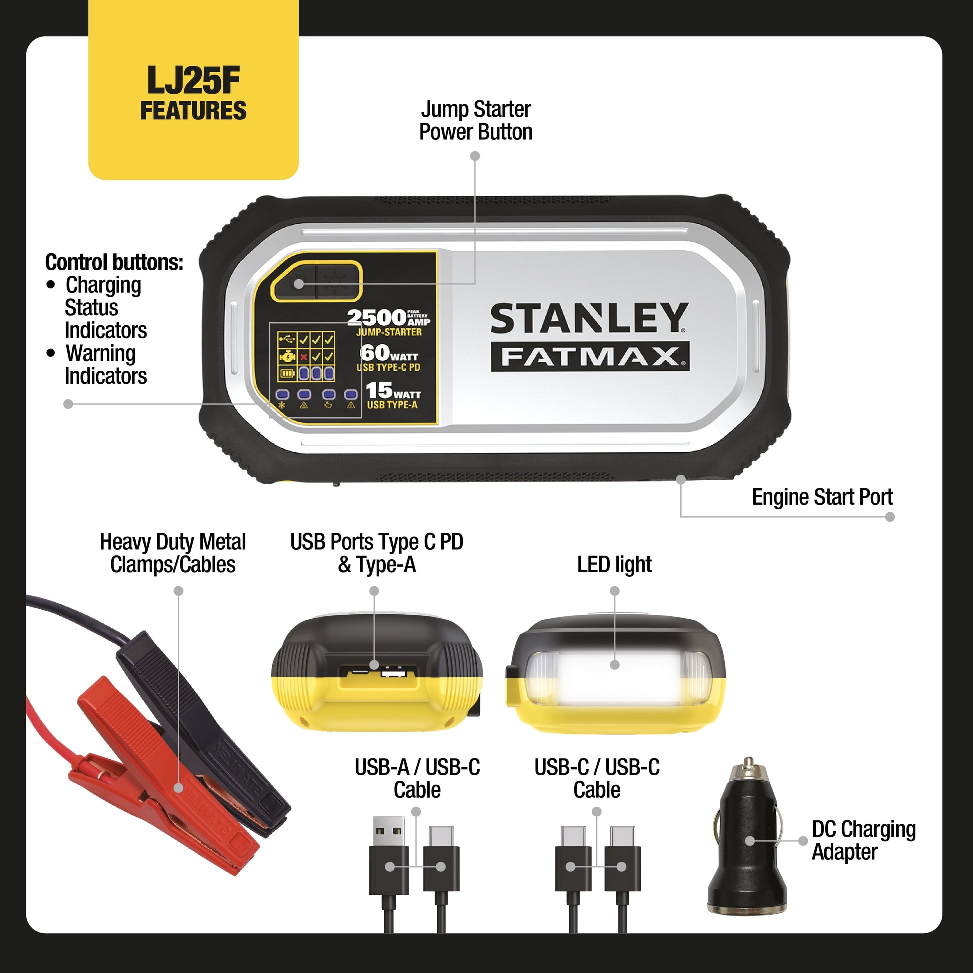Stanley FatMax 2500A, Lithium Jump Starter With 60W USB Type C-PD, 25W USB Type C-PD and 15W USB Type - A, Includes clamps