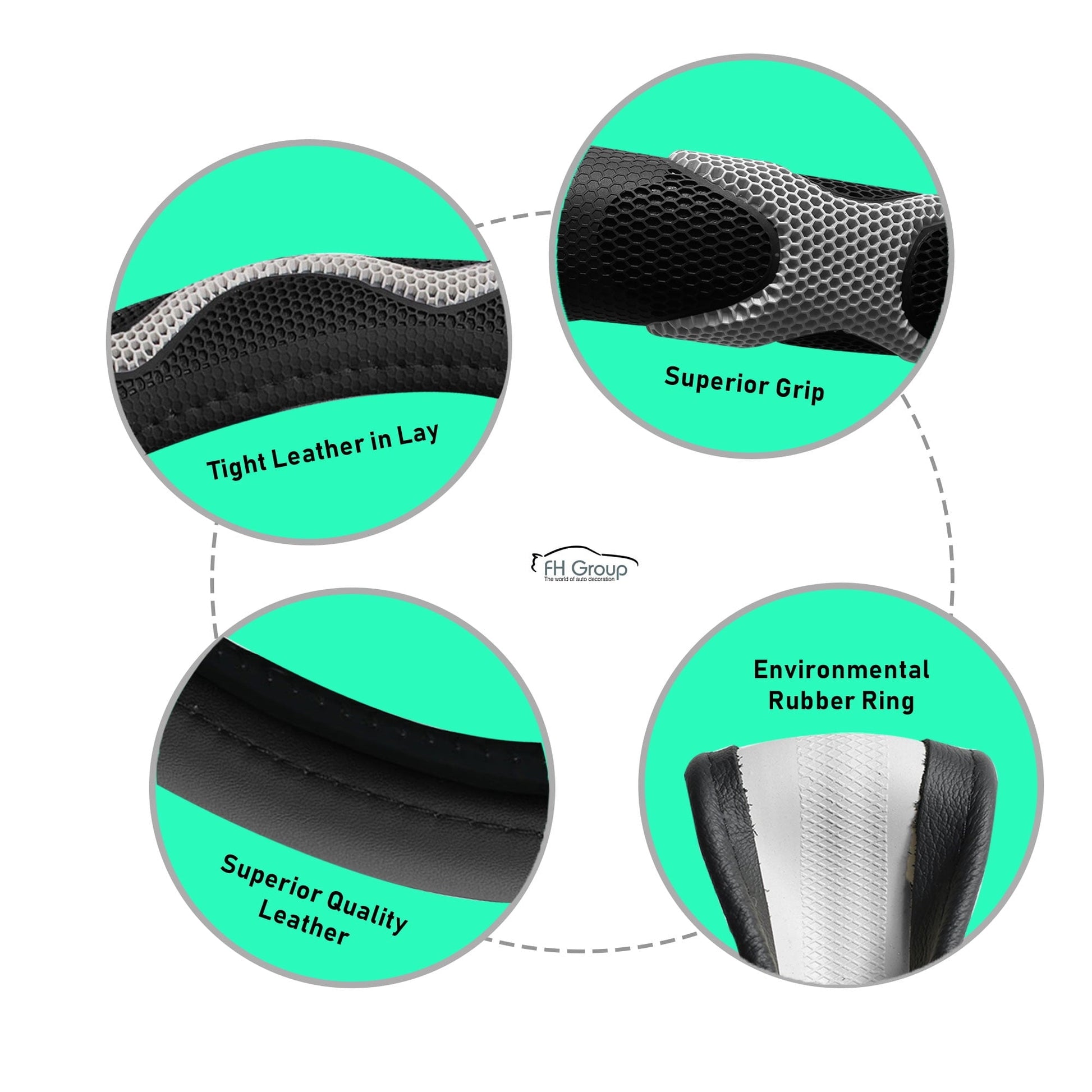 FH Group Universal PU Leather Car Steering Wheel Covers w/ Anti-Slip Grip Fits 14.5"-15.5"