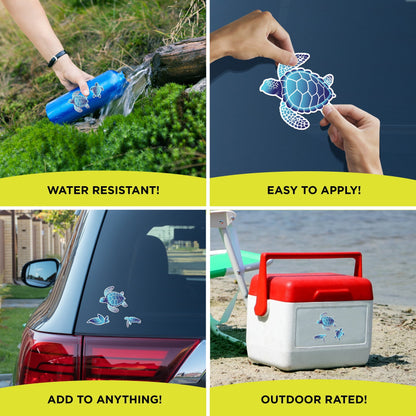 Auto Drive Sea Turtle Decals - Set of 7 Vinyl Car Stickers Blue Chrome