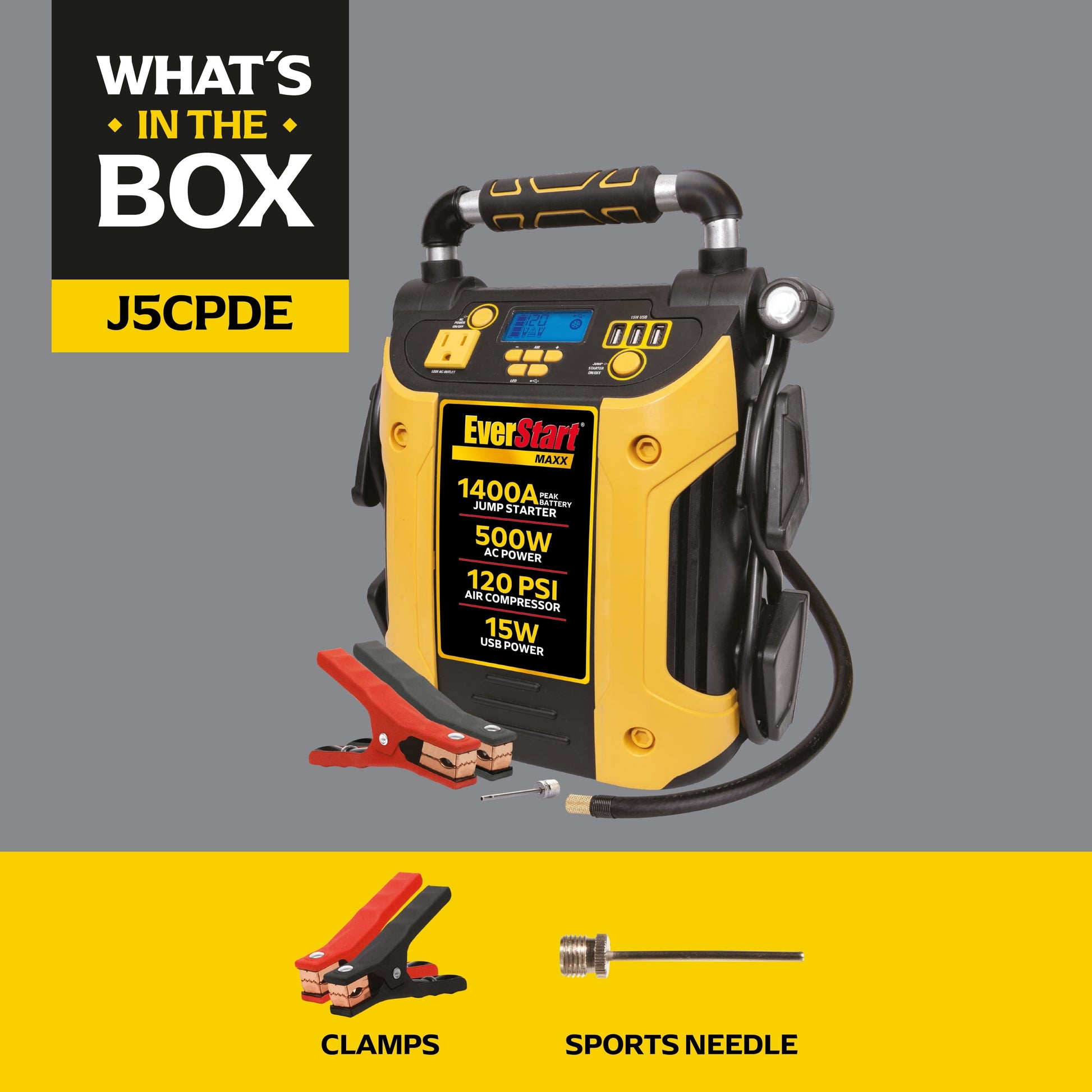 EverStart Maxx J5CPDE 1400 Peak Amps Jump Starter, Power Station, 500W Inverter, 120 PSI Compressor