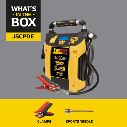 EverStart Maxx J5CPDE 1400 Peak Amps Jump Starter, Power Station, 500W Inverter, 120 PSI Compressor