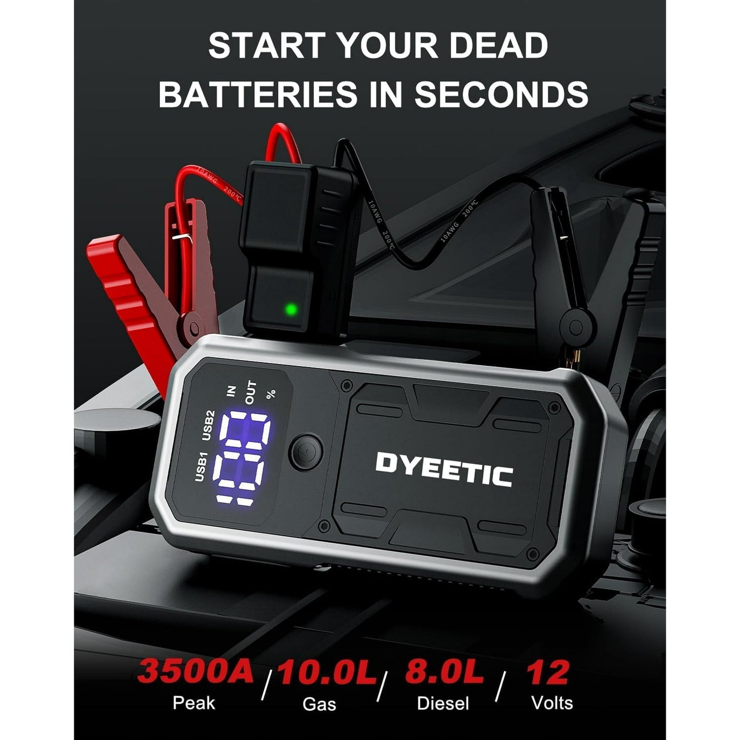 Dyeetic 3000A Car Battery Jump Starter, Portable 12V Battery Jump Box for 10.0L Gas and 8.0L Diesel Engines