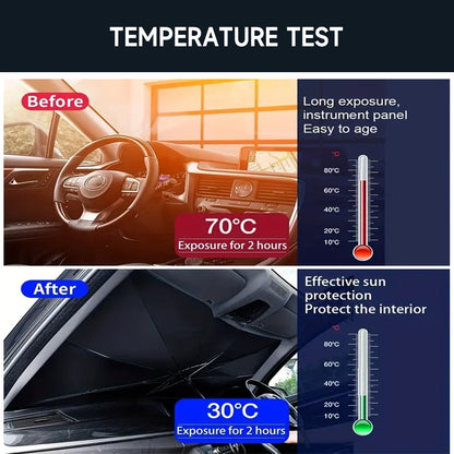 BYXAS 2 Pack 2025 Upgraded Car Windshield Sun Shade [Cool Down by 75°] with Heat Insulation Coating, Foldable Sunshade Umbrella Flexible Handle & Ribs, (55"x31") for Most Car, SUV, Truck, Van