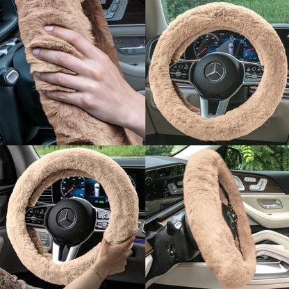 FH Group Doe16 Faux Fur Cozy Soft Fluffy Fuzzy Universal Fit Plush Steering Wheel Cover for Car, SUV, Van, Truck - Beige