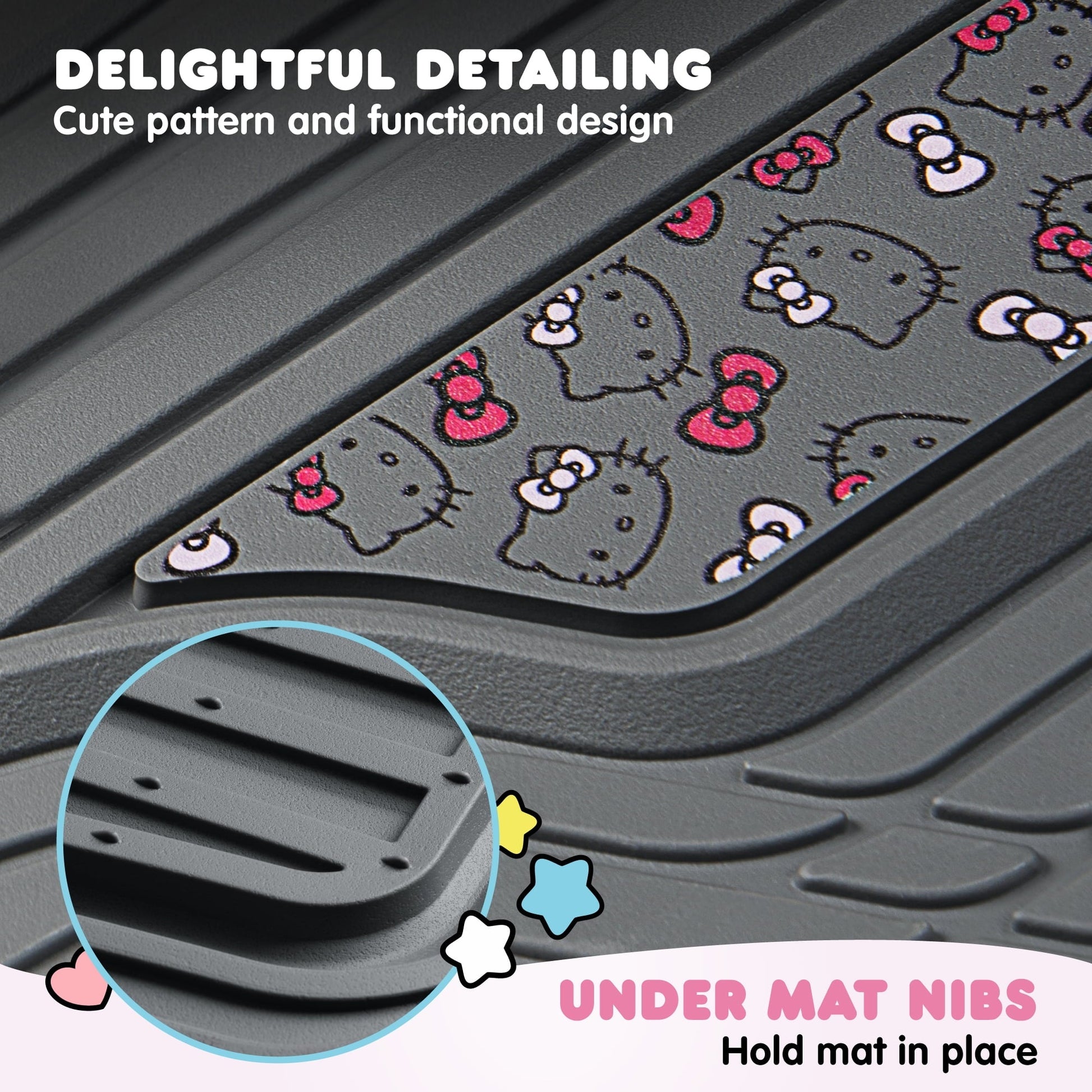 Hello Kitty 4pc Car Mats for Cars, Trucks, SUVs - Kawaii Rubber Floor Mats for Women & Men, Heavy Duty Non-Slip Front & Rear Mats, Cute Hello Kitty Accessories, Classic Gray with Pink Bows