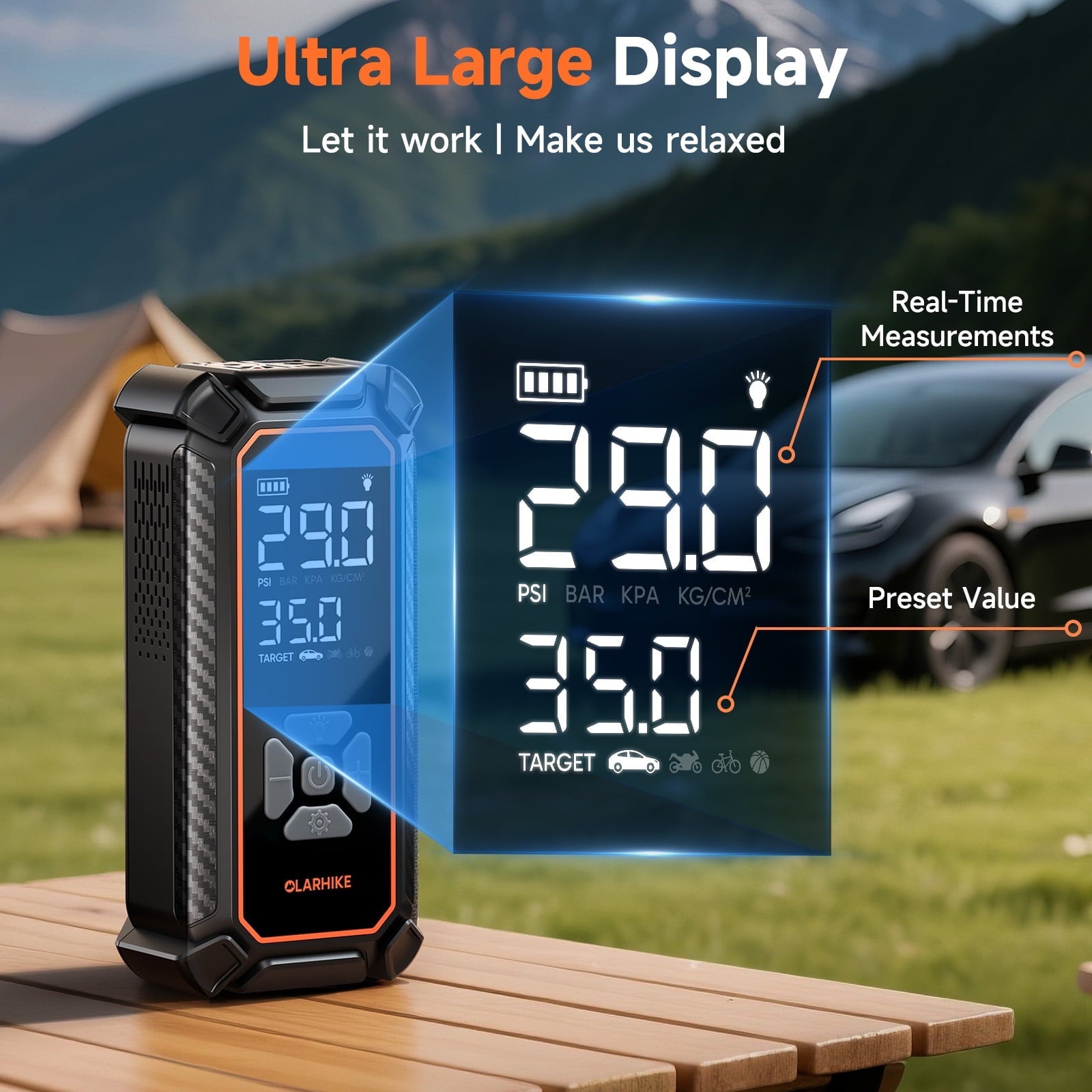 OlarHike Tire Inflator Portable Air Compressor, 9000mAh Battery Powered, 150PSI Dual Mode, Auto Air Pump for Car Tires, Motorcycle, Bicycle,Bike, Electric Pump with LED Light & Digital Pressure Gauge