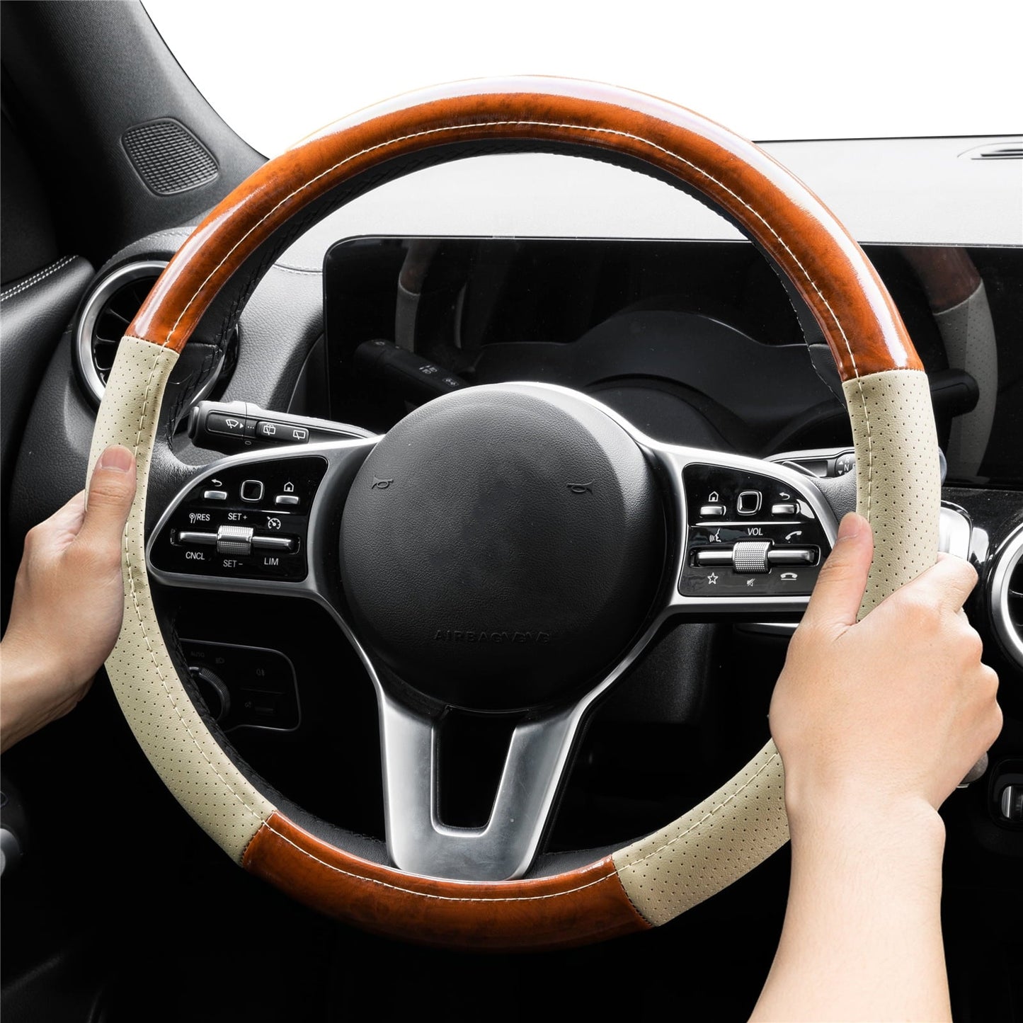 XUKEY Beige Wood Grain Car Steering Wheel Cover Leather 14.5" to 15" Breathable Anti-Slip Universal