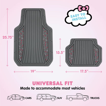 Hello Kitty 4pc Car Mats for Cars, Trucks, SUVs - Kawaii Rubber Floor Mats for Women & Men, Heavy Duty Non-Slip Front & Rear Mats, Cute Hello Kitty Accessories, Classic Gray with Pink Bows