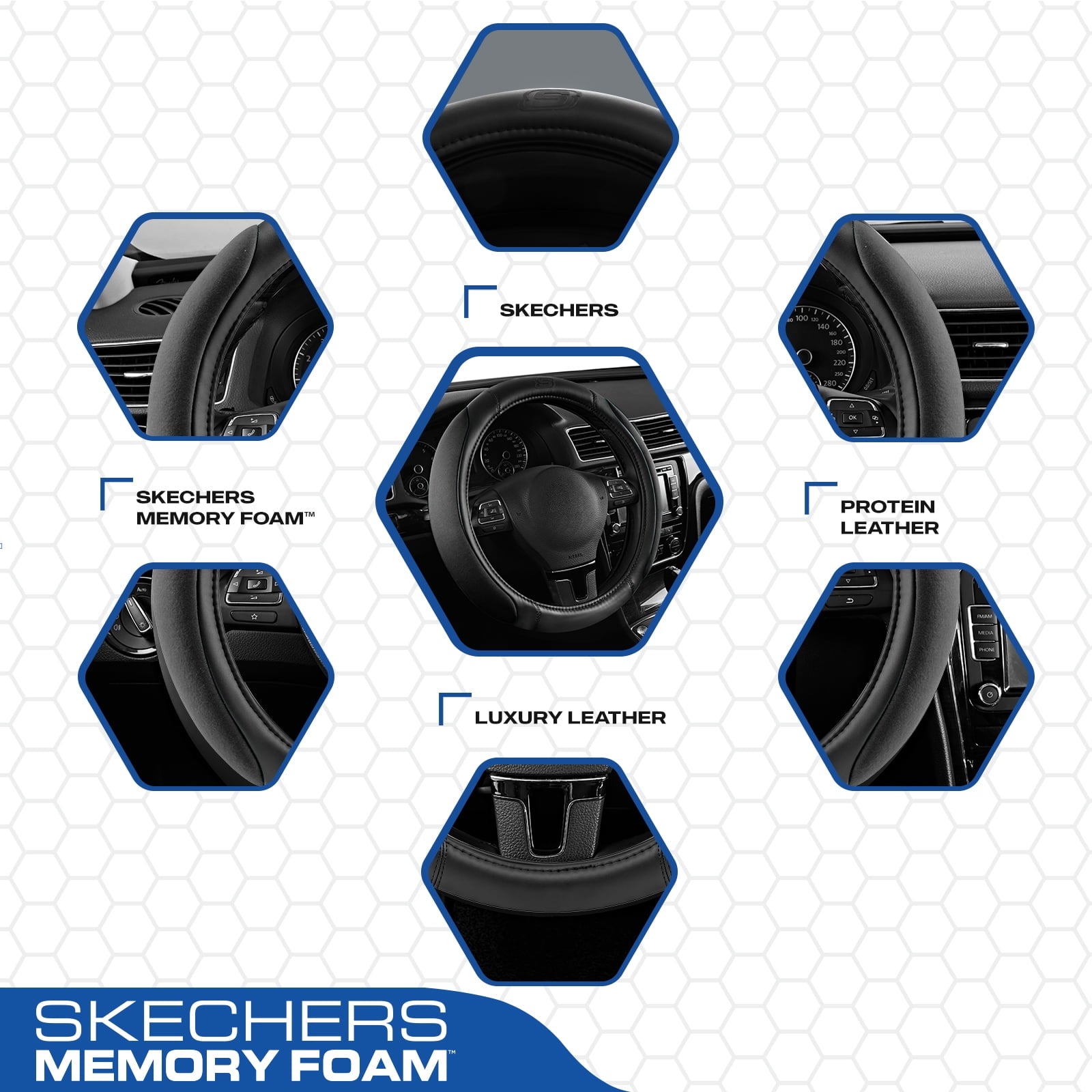 Skechers Steering Wheel Cover with Memory Foam, Breathable Non-Slip, Universal Fit 14.5"-15" Car Accessories Black