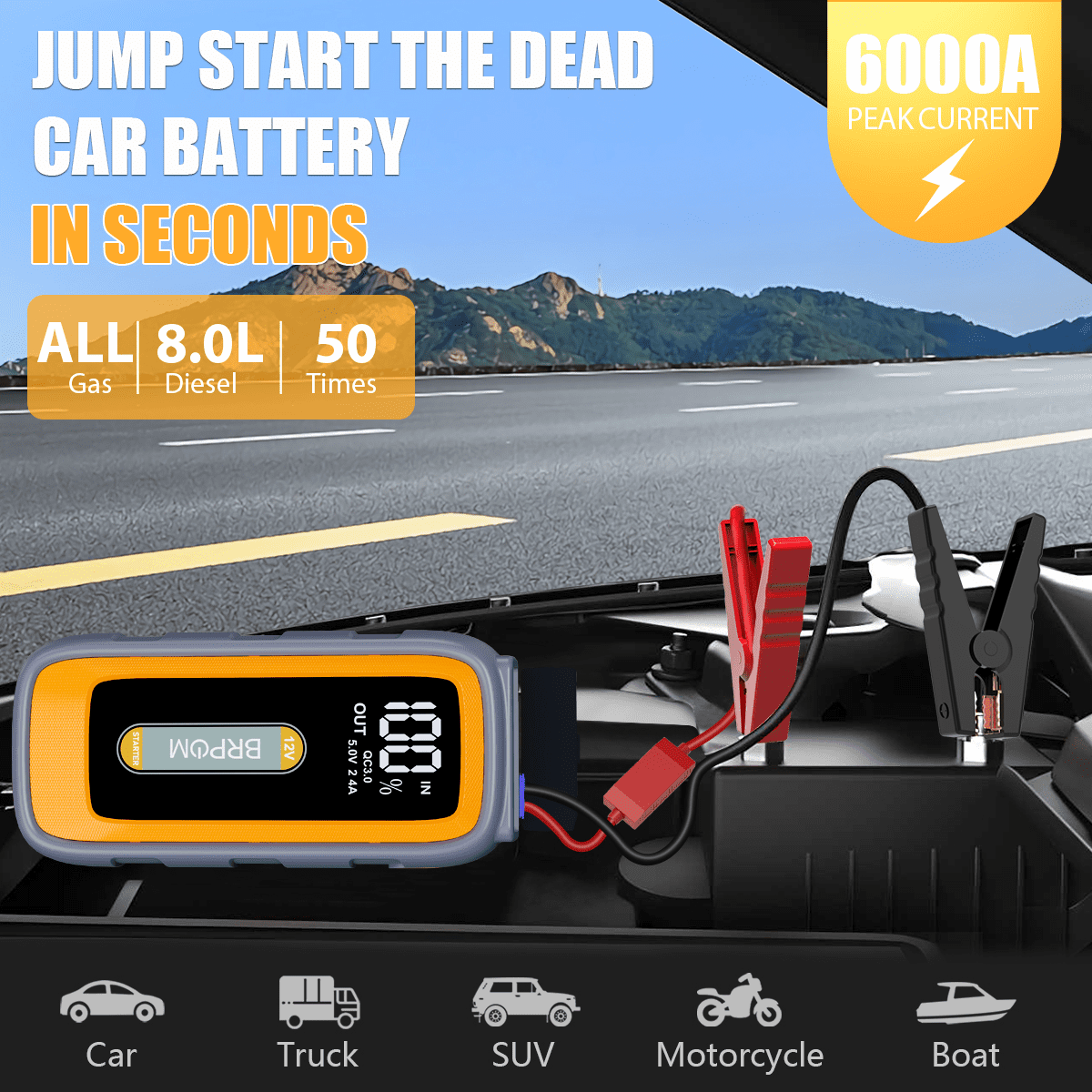 BRPOM 6000A Car Jump Starter Battery Pack, 12V Battery Booster Charger for Gas and Diesel Engines-Motorcycle, Car, SUV, PICK-UP, Truck, Quick Start Dead Battery, Multi-functional Flashlight