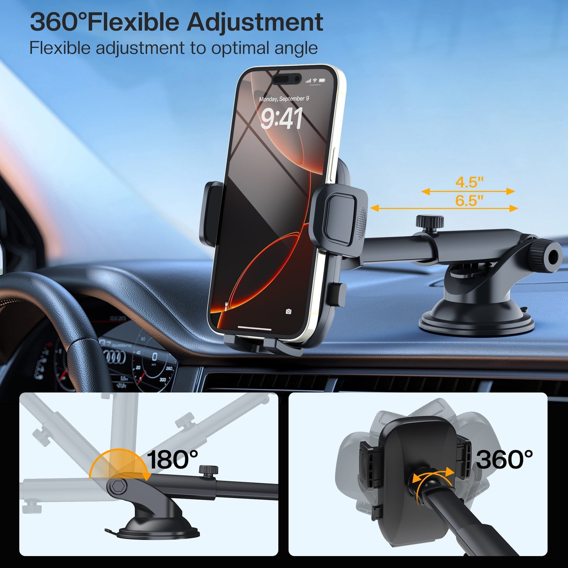 MaxAngel 3-in-1 Car Phone Holder with Military-Grade Suction Cup, Metal Hook Ventilation Clip, 360° Rotating Phone Holder for iPhone, Samsung & Android Smartphones,Black
