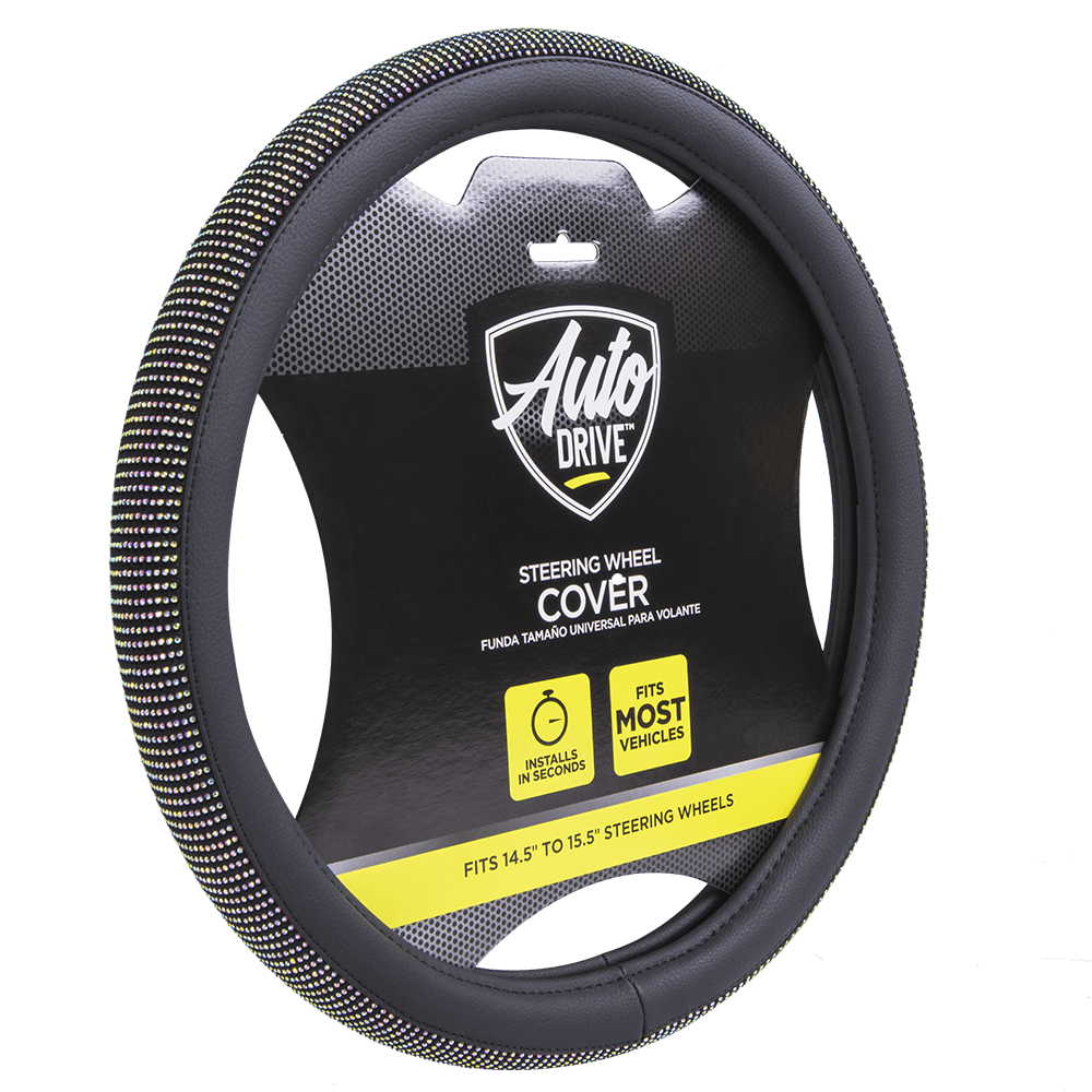 Auto Drive Black Universal Fit Iredescent Crystal Steering Wheel Cover, Fit for Cars, Suvs, Set of 1